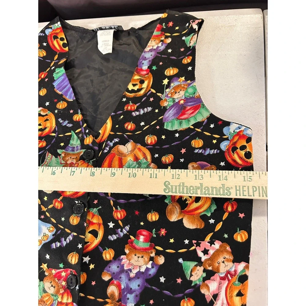 Vintage Halloween Vest Kids Large Black Corduroy Bear Pumpkin Retro Fall